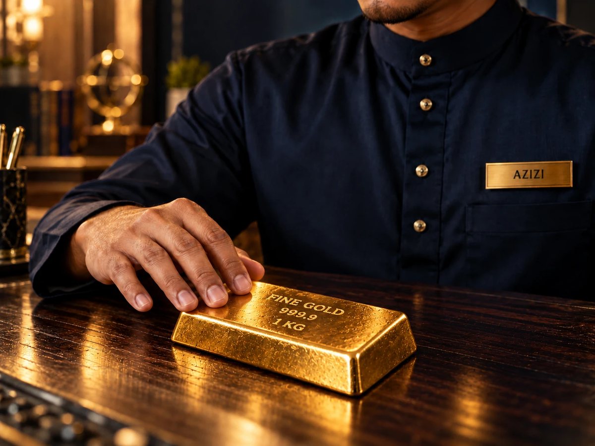 Tangan Cikgu Azizi menyentuh jongkong emas Fine Gold 999.9, dengan tanda nama AZIZI