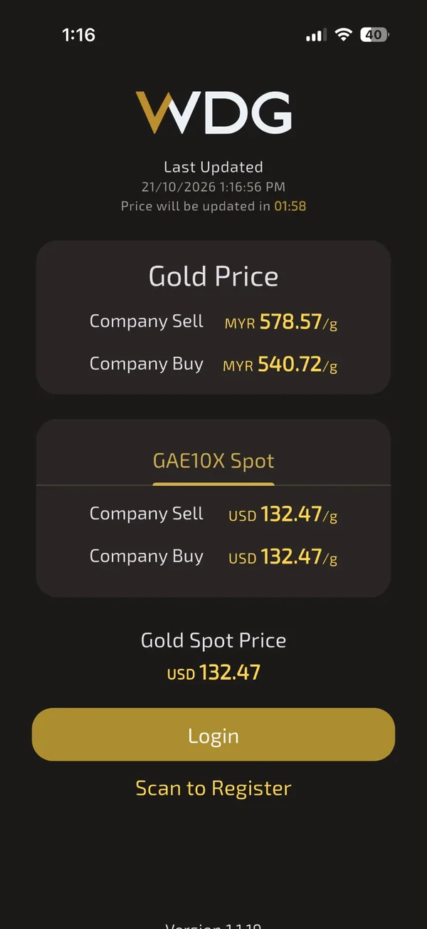 Skrin log masuk app WDG yang memaparkan harga emas Company Sell dan Company Buy