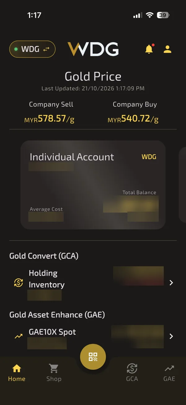 Skrin utama app WDG dengan kad Individual Account