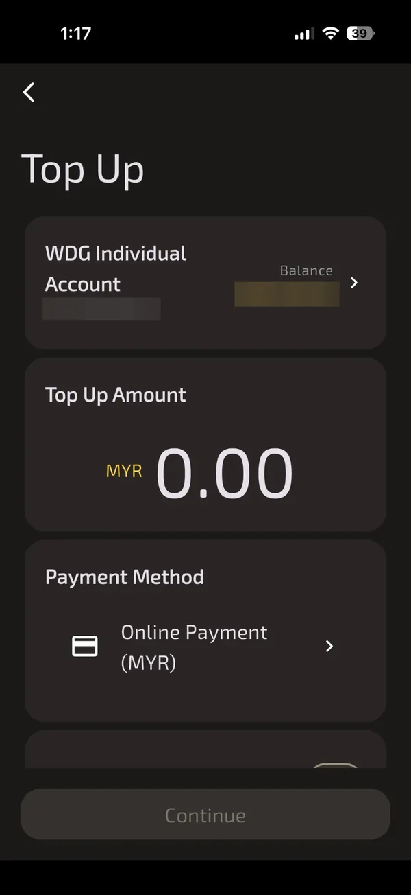 Skrin Top Up untuk memasukkan jumlah