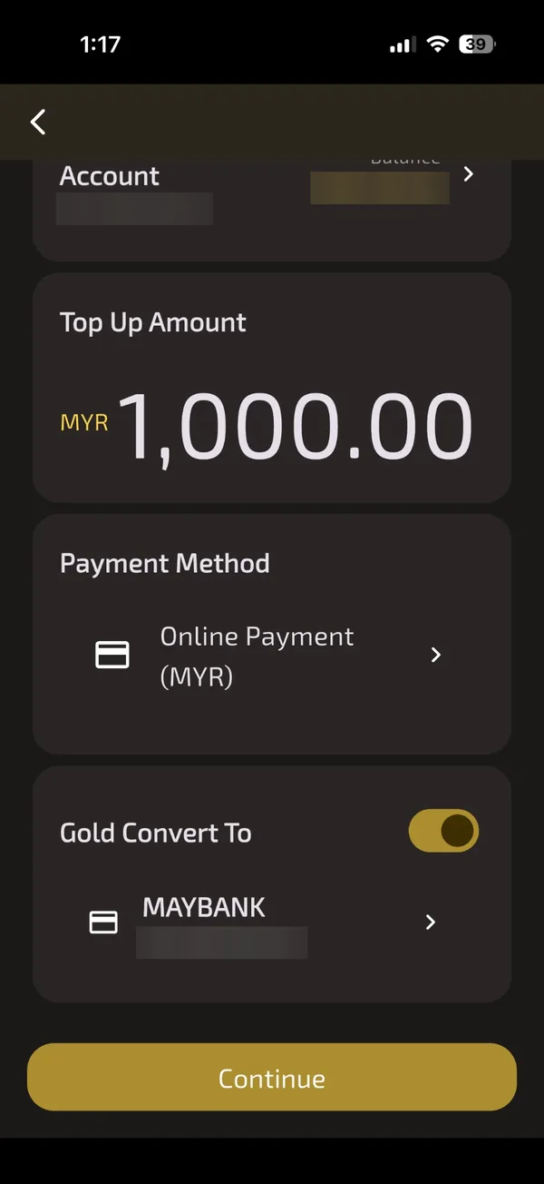 Suis Gold Convert To dihidupkan dengan akaun bank penerima