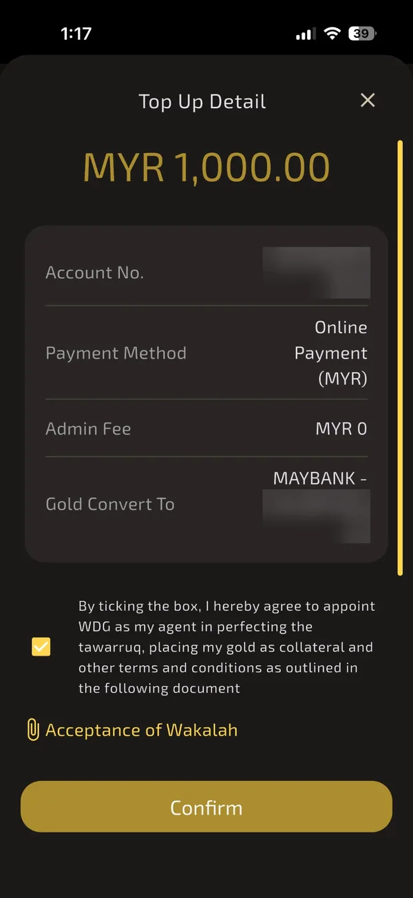 Skrin Top Up Detail dengan persetujuan Wakalah